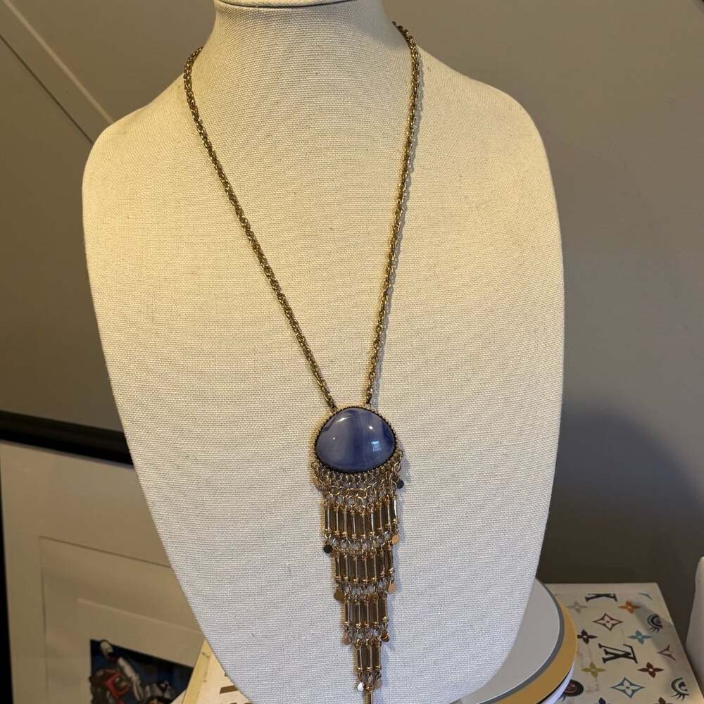Boho Gold Chain Necklace Blue Stone Tassel Pendant